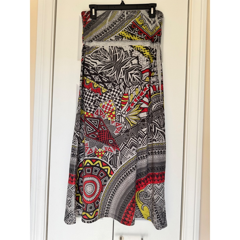 VTG Y2K Tribal Geometric Print Maxi Skirt Fold Over Waist A-Line Size M 3844r